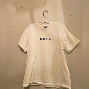 White & Black Obey Stitched Graphic T-shirt | Size Medium